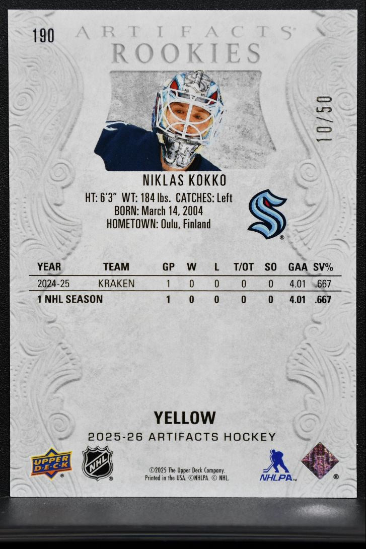 2025-26 UD Artifacts Rookies Yellow Niklas Kokko Seattle Kraken RC 10/50 3178