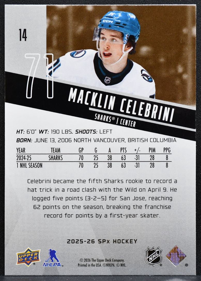 2025-26 SPx Macklin Celebrini 14 San Jose Sharks 0146