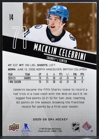2025-26 SPx Macklin Celebrini 14 San Jose Sharks 0146