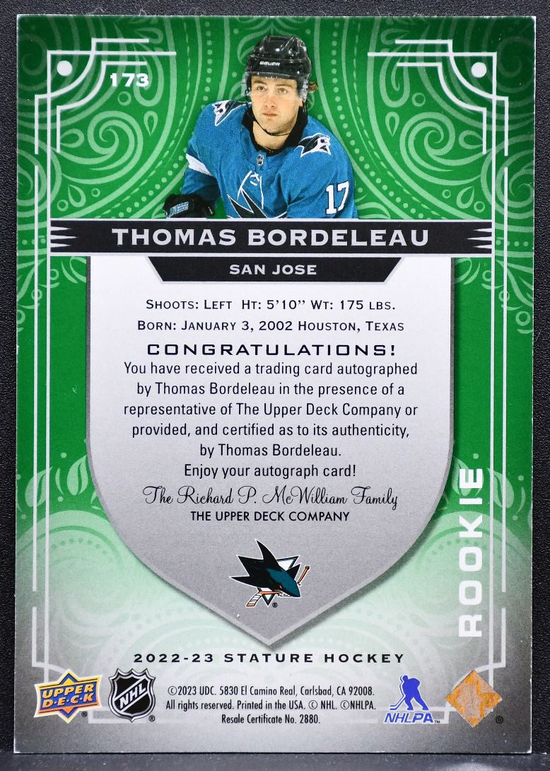 2022-23 UD Stature Rookie Autographs Green Thomas Bordeleau RC Auto 33/65 9138