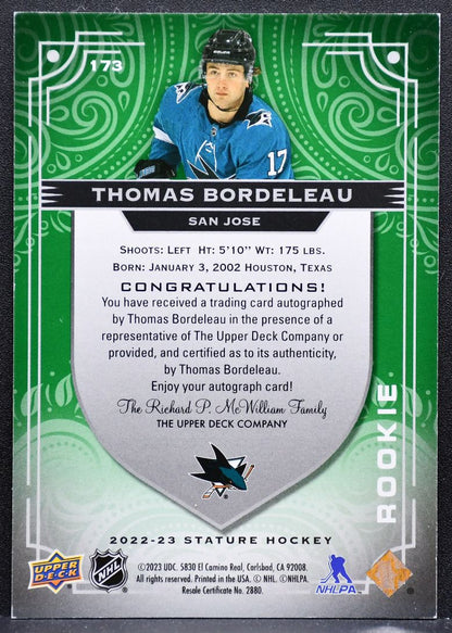 2022-23 UD Stature Rookie Autographs Green Thomas Bordeleau RC Auto 33/65 9138