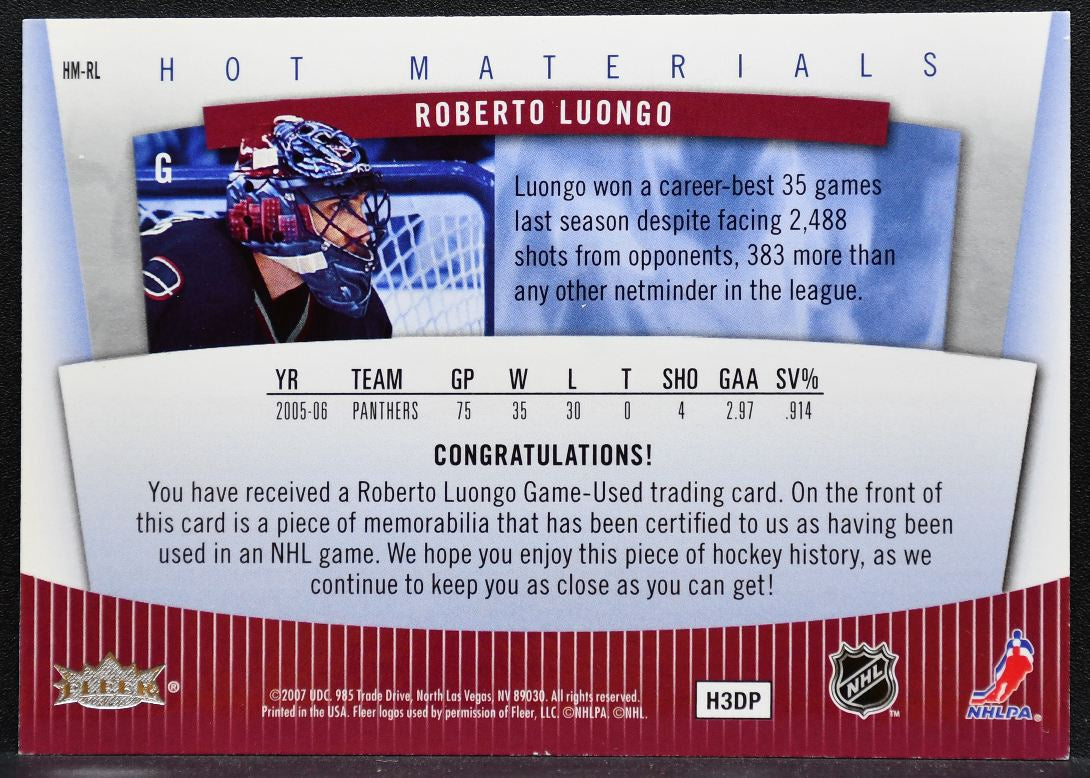 2007-08 Fleer Hot Prospects Hot Materials Roberto Luongo Canucks Jersey 7837