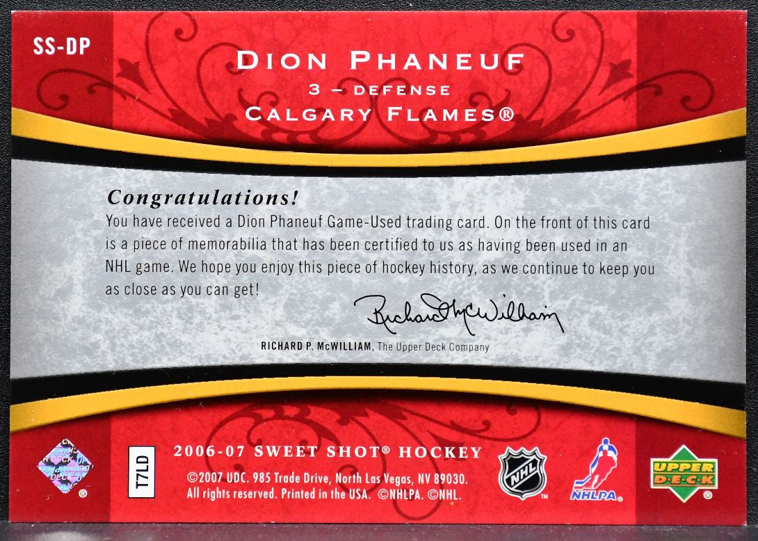 2006-07 Upper Deck Sweet Shot Stitches Dion Phaneuf Flames 007/200 Jersey 8405