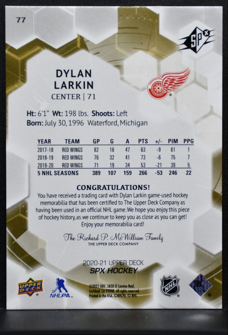2020-21 SPx Jersey Dylan Larkin 77 Detroit Red Wings Jersey 2456