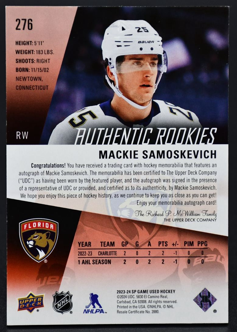 2023-24 SP Game Used Auto Samoskevich Panthers RC Auto /149 Jersey