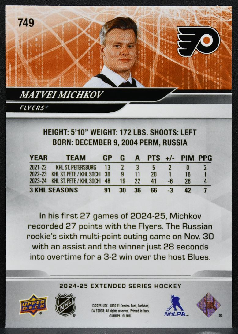 2024-25 Upper Deck Extended Series Round 1 Draft Matvei Michkov Flyers RC 4582