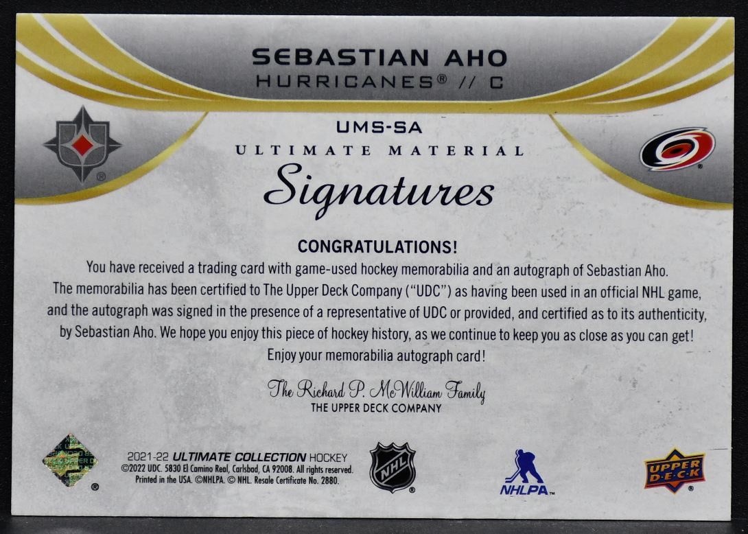 2021-22 UD Ultimate Material Signatures Sebastian Aho UMS-SA  Auto 13/49 Jersey