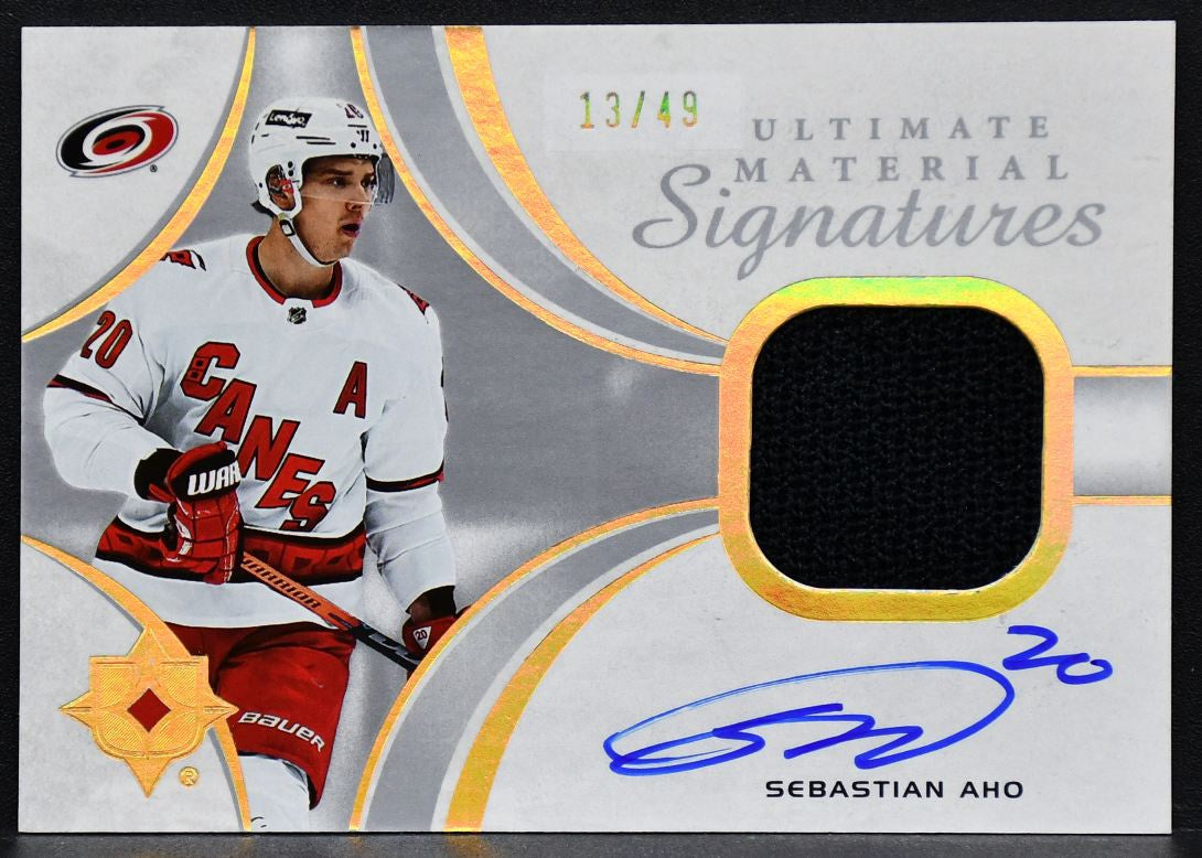 2021-22 UD Ultimate Material Signatures Sebastian Aho UMS-SA  Auto 13/49 Jersey