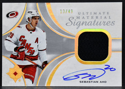 2021-22 UD Ultimate Material Signatures Sebastian Aho UMS-SA  Auto 13/49 Jersey
