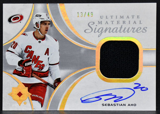 2021-22 UD Ultimate Material Signatures Sebastian Aho UMS-SA  Auto 13/49 Jersey
