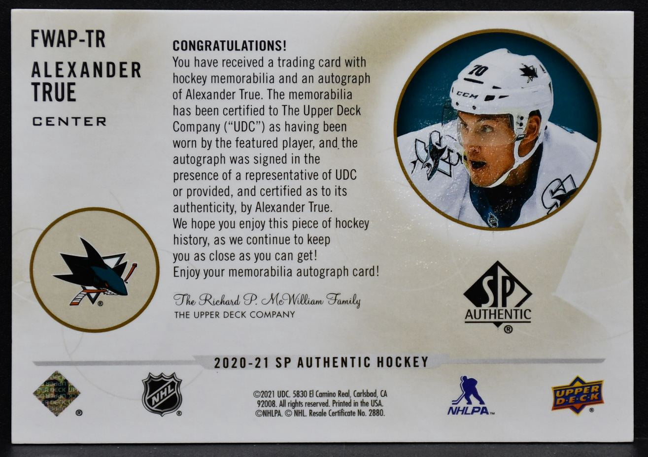 2020-21 SP Authentic Limited Future Watch Auto Patch Alexander True  RC /100