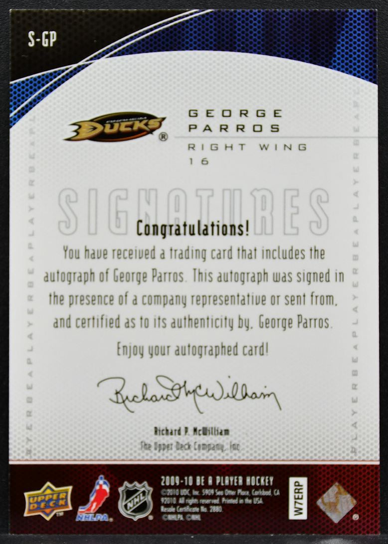 2009-10 Upper Deck Be A Player Signatures George Parros S-GP Ducks Auto 2366