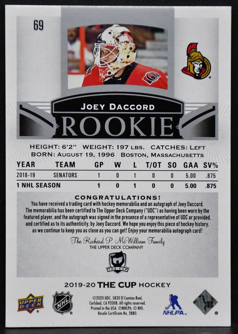 2019-20 UD The Cup Rookie Auto Patch Joey Daccord 69  RC Auto 237/249 Patch