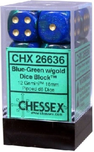 Gemini 12 * D6 Blue-Green / Gold 16mm Chessex Dice (CHX26636)