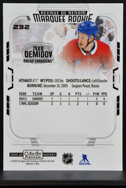 2025-26 O-Pee-Chee Platinum Marquee Rookie Ivan Demidov 232 Canadiens RC 2195