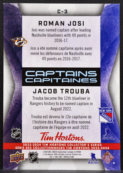 2023-24 UD Tim Hortons Captains Josi / Trouba Predators / Rangers 3017