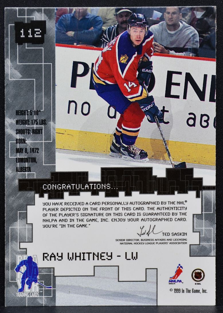 1999-100 In the Game Be A Player Millennium Ray Whitney 112 Panthers Auto 1295