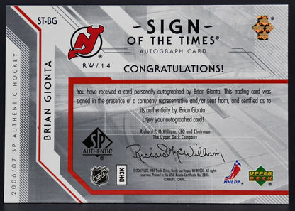 2007-08 SP Authentic Sign of the Times Brian Gionta Devils Auto