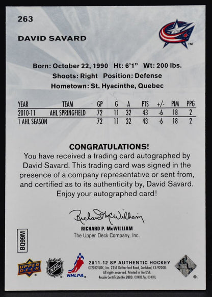 2011-12 SP Authentic Future Watch Auto David Savard 263 RC Auto 798/999