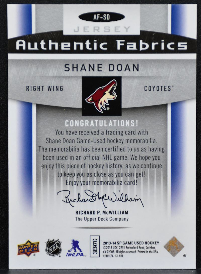 2013-14 SP Game Used Authentic Fabrics Shane Doan Phoenix Coyotes Jersey 6088