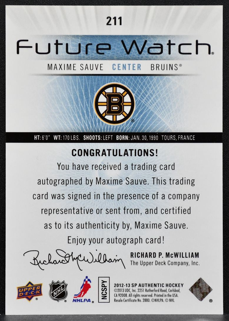 2012-13 SP Authentic Future Watch Auto Maxime Sauve Bruins RC Auto 423/999 8689