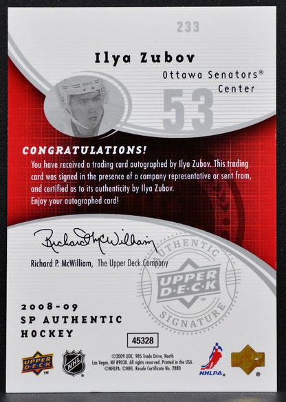 2008-09 SP Authentic Future Watch Auto Ilya Zubov Senators RC Auto 635/999 9305