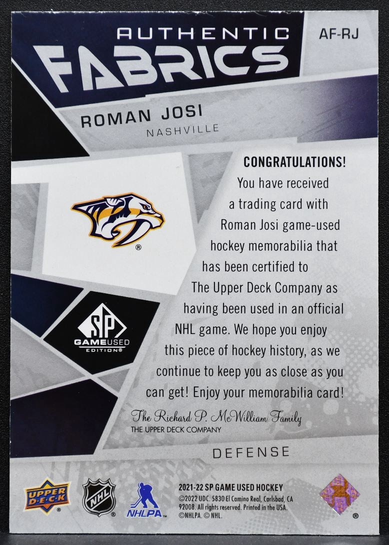 2021-22 SP Game Used Authentic Fabrics Roman Josi AF-RJ Predators Jersey 2577