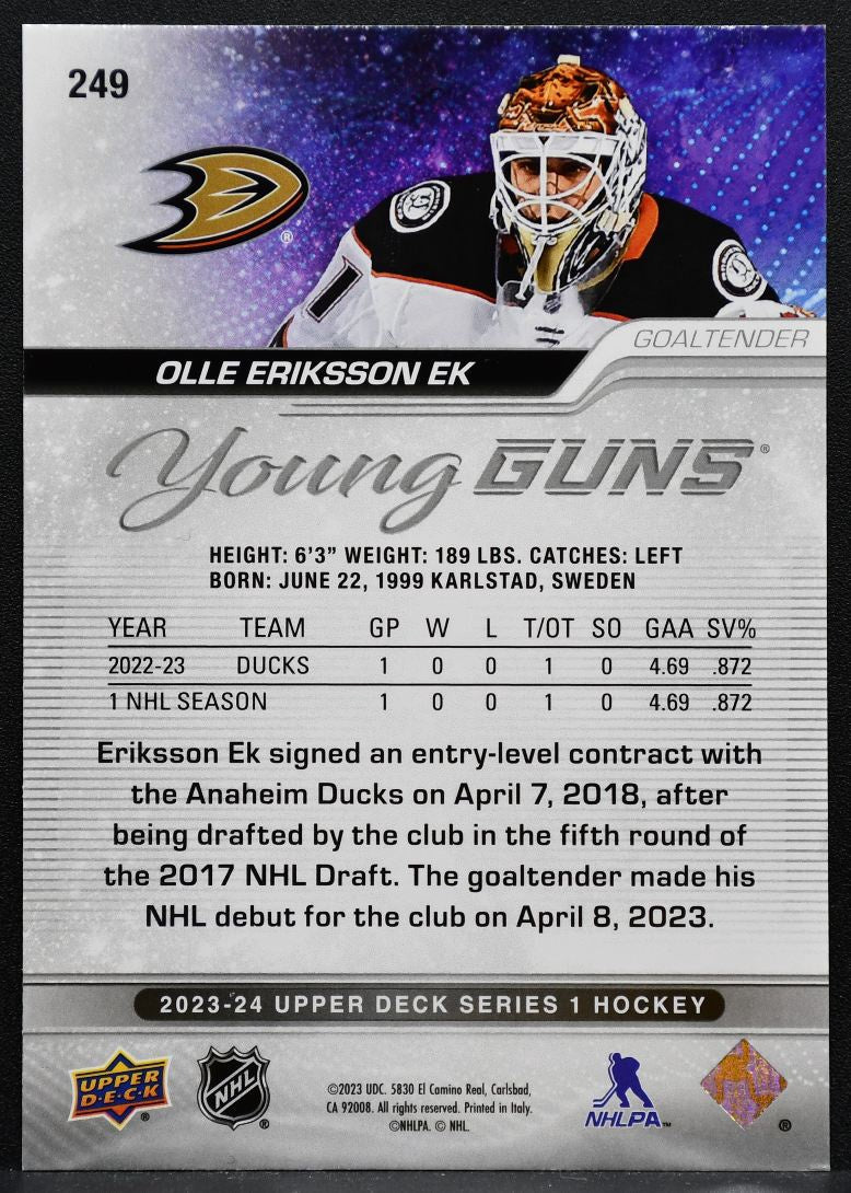 2023-24 Upper Deck Series 1 Young Guns Olle Eriksson Ek 249 Ducks RC 2652