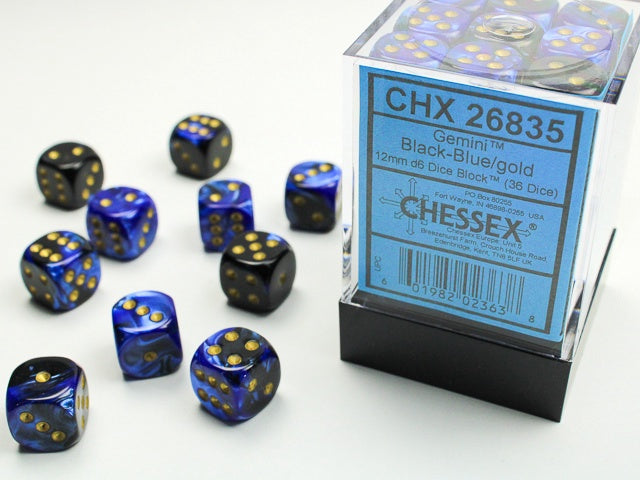 Gemini 36 * D6 Black-Blue / Gold 12mm Chessex Dice (CHX26835)