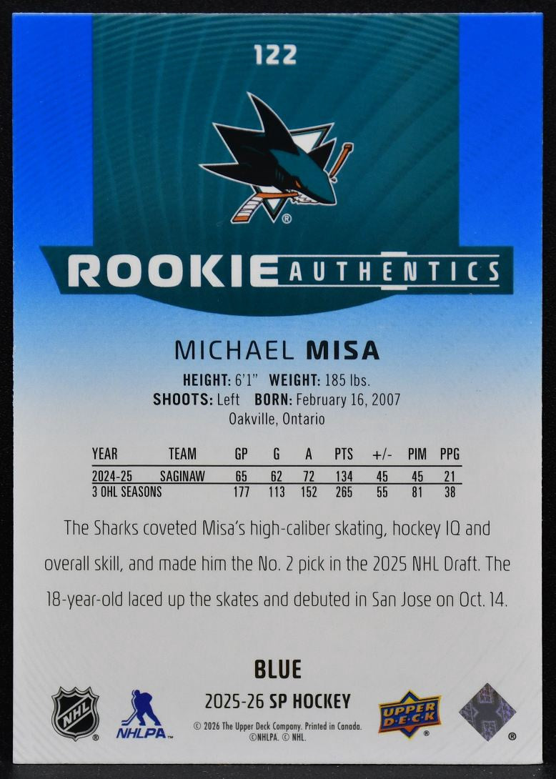 2025-26 SP Rookie Authentics Blue Michael Misa 122 San Jose Sharks RC 4845