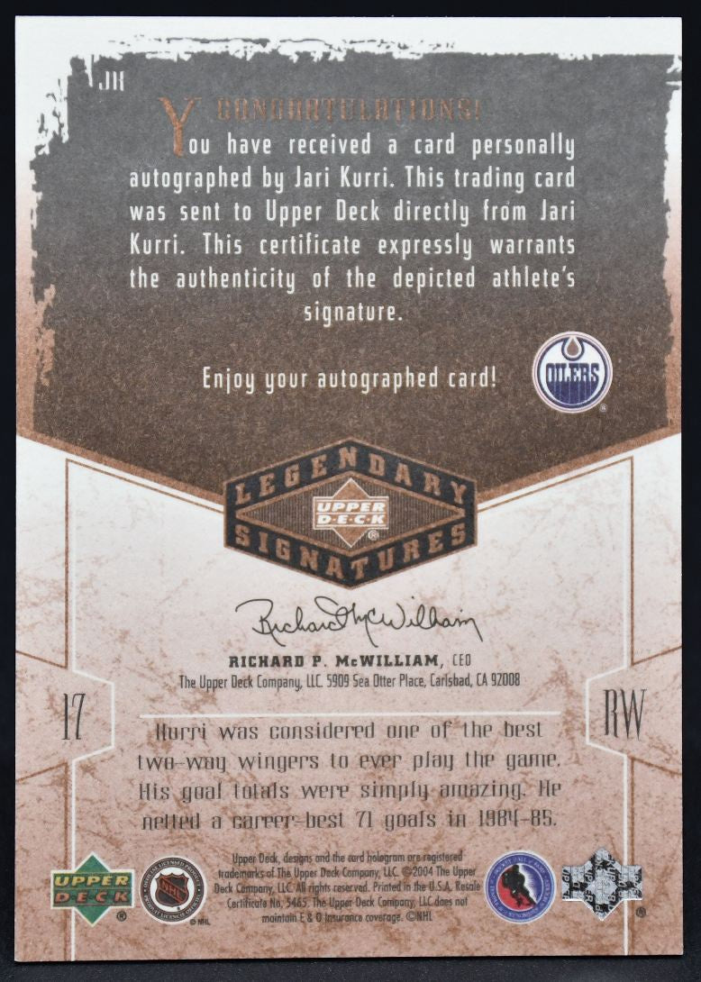 2004-05 UD Legendary Signatures Jari Kurri JK Auto