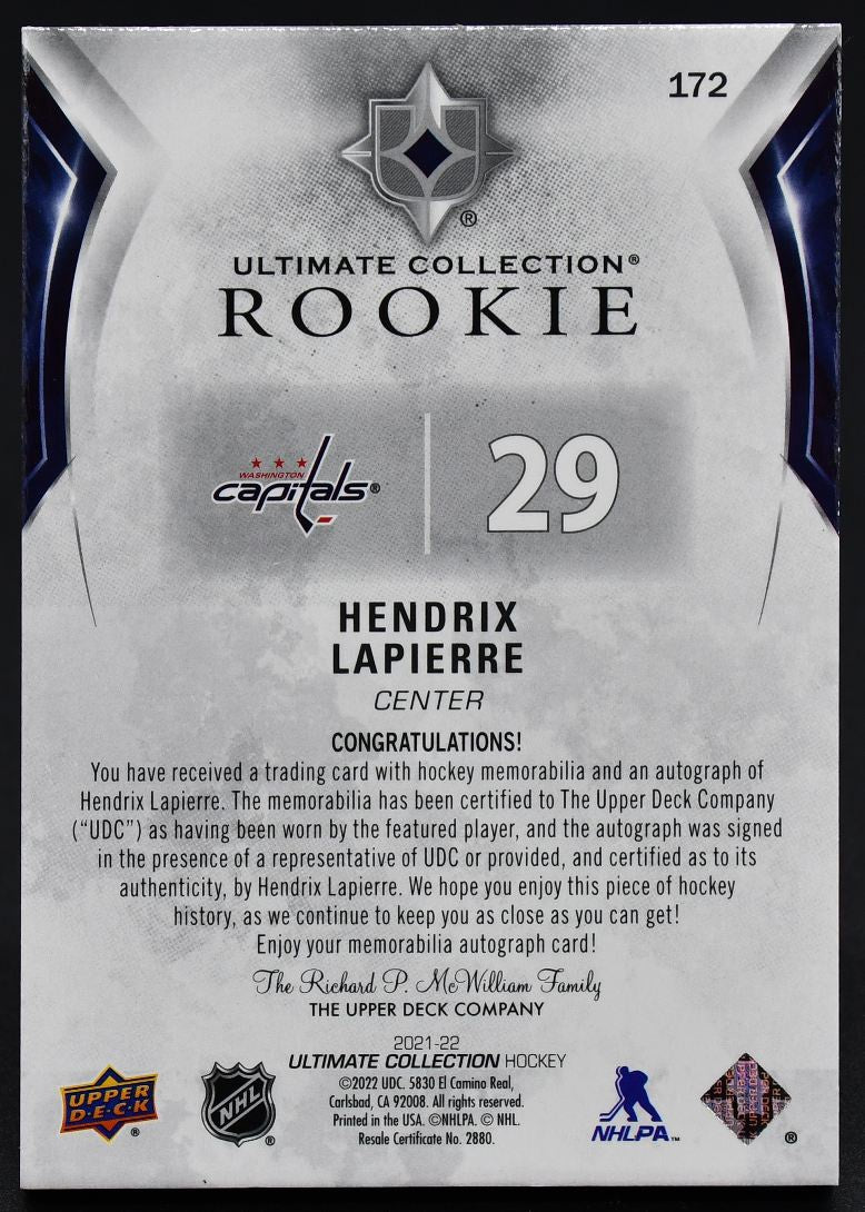 2021-22 UD Ultimate Collection Rookie Auto Patch Lapierre 172 RC Auto /99 Patch