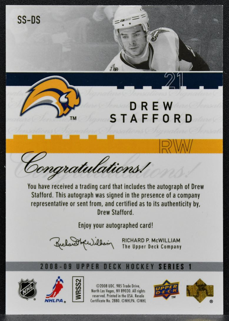 2008-09 UD Series 1 Signature Sensations Drew Stafford SS-DS Sabres Auto 9066