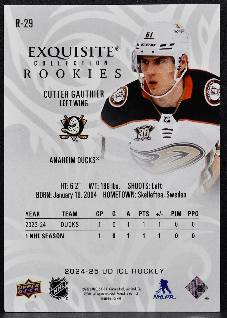 24-25 UD Ice Exquisite Collection RCs Platinum Blue Cutter Gauthier Ducks RC 199 9430
