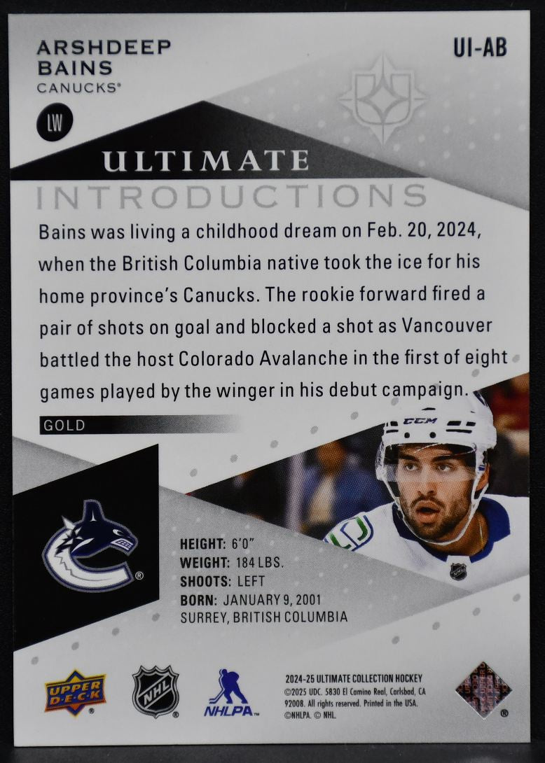2024-25 UD Ultimate Collection Introductions Gold Arshdeep Bains UI-AB RC 05/25