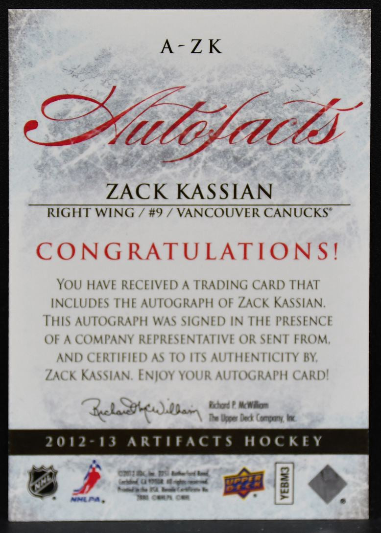 2012-13 Upper Deck Artifacts AutoFacts Zack Kassian A-ZK Canucks Auto 4616