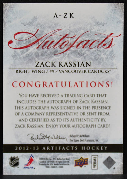 2012-13 Upper Deck Artifacts AutoFacts Zack Kassian A-ZK Canucks Auto 4616