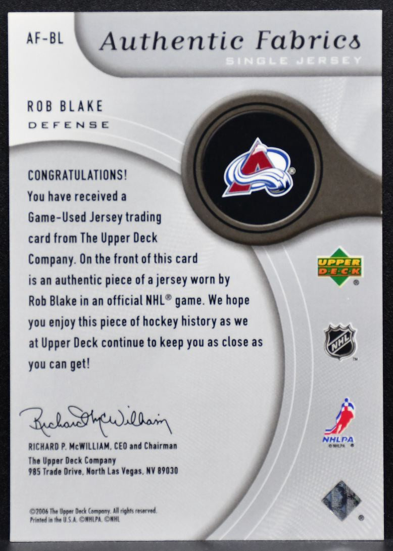 2005-06 SP Game Used Authentic Fabrics Rob Blake Colorado Avalanche Jersey 4705
