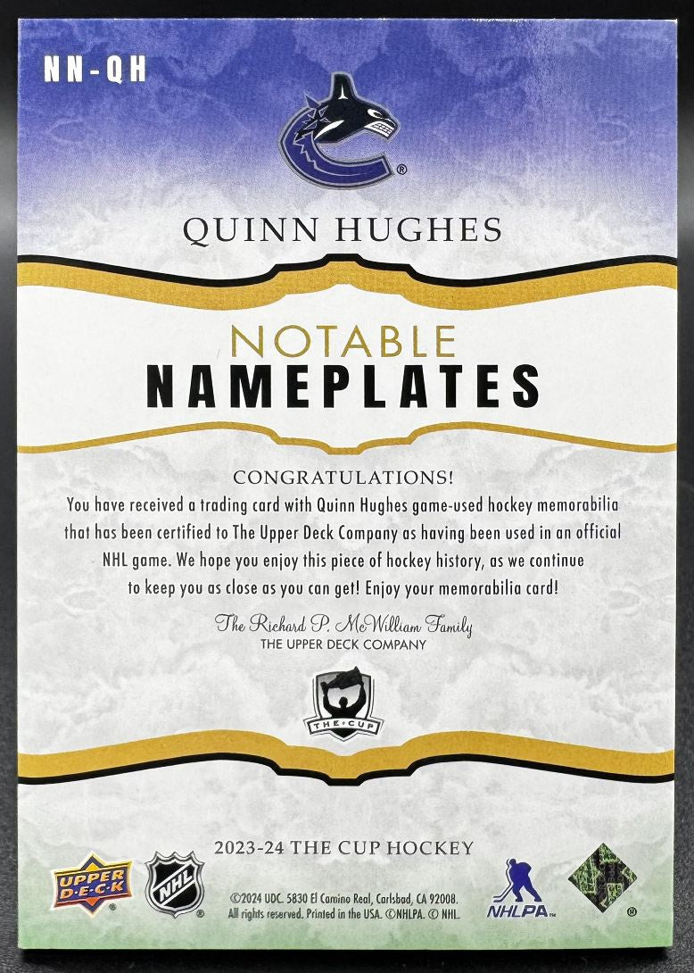 2023-24 UD The Cup Quinn Hughes NN-QH Vancouver Canucks Patch 4/6