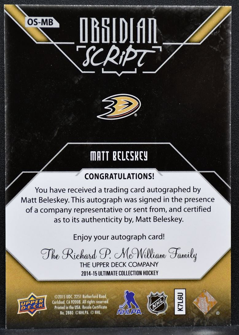 2014-15 UD Ultimate Collection Obsidian Script Matt Beleskey Auto 7592