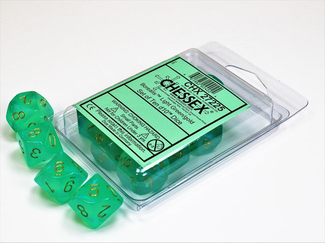 Borealis 10 * D10 Light Green / Gold Chessex Dice (CHX27225)