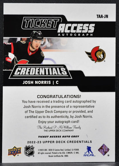 2022-23 UD Credentials Ticket Access Auto Josh Norris TAA-JN Senators Auto 7030