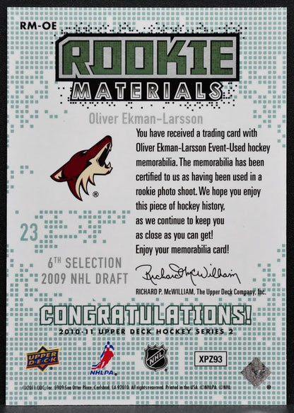 2010-11 UD Series 2 Rookie Materials Oliver Ekman-Larsson Coyotes RC Jersey 5302