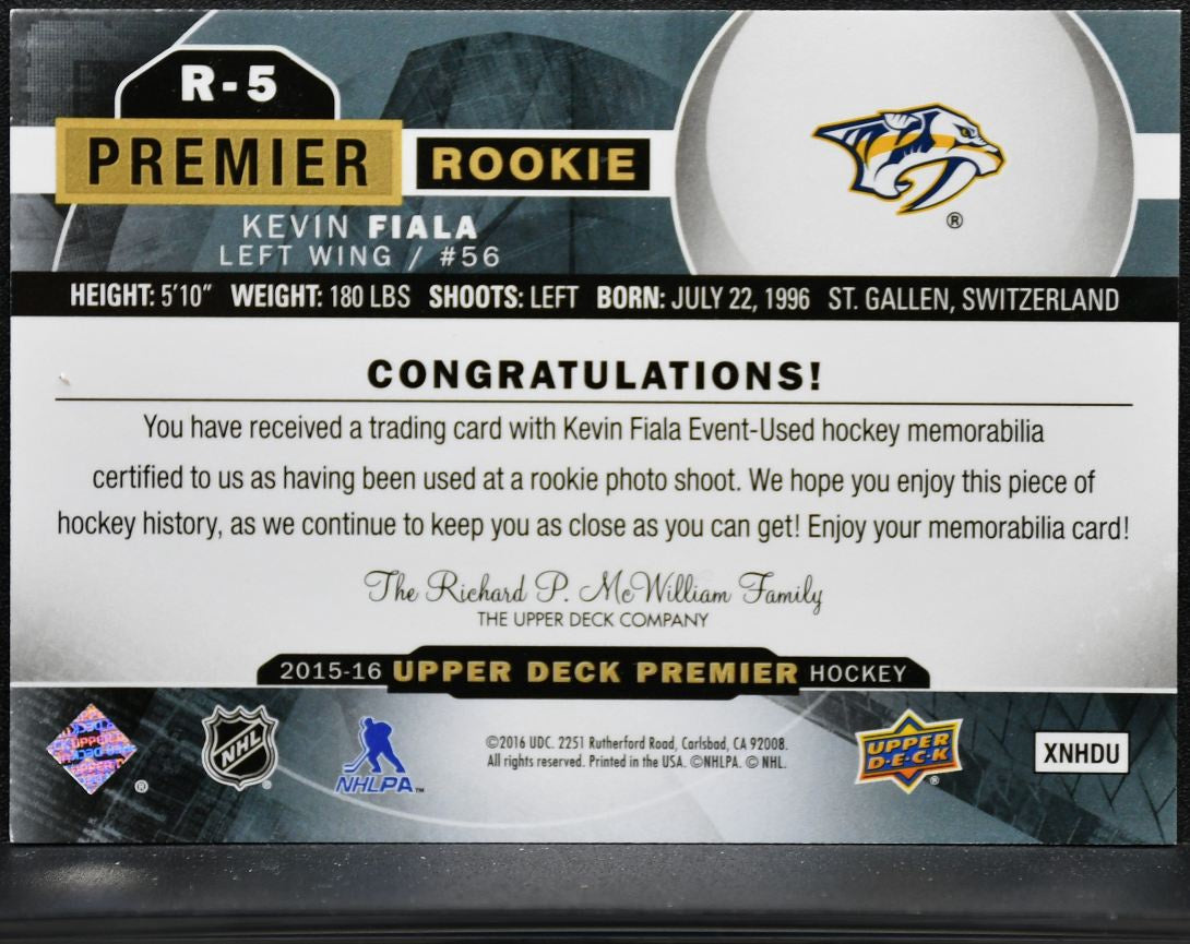 2015-16 UD Premier Rookies Jersey Kevin Fiala R-5 RC Jersey 5051