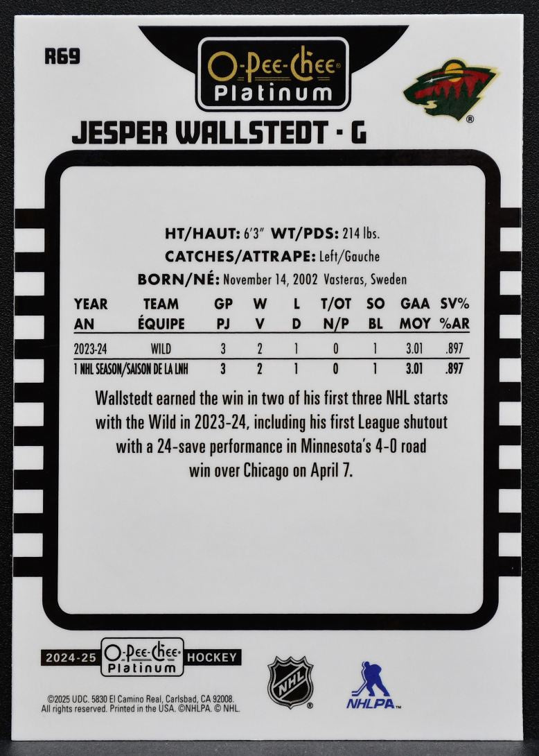 2024-25 O-Pee-Chee Platinum Rookie Retro Jesper Wallstedt R69 Wilds RC 9591
