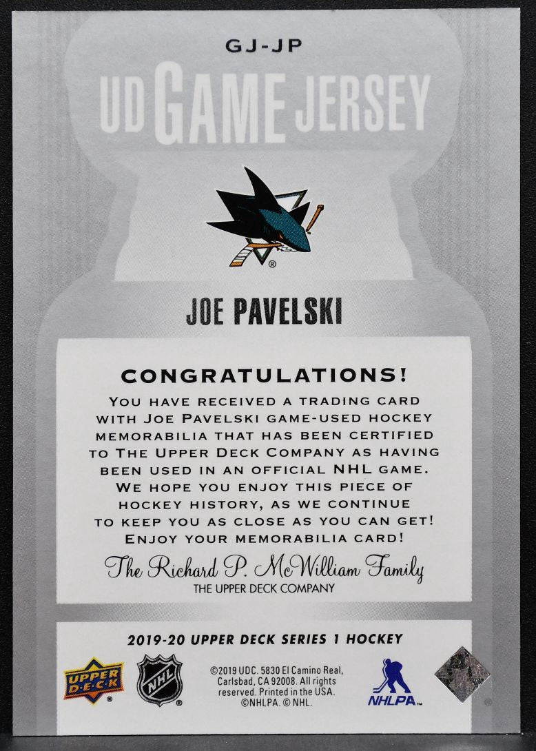 2019-20 Upper Deck Series 1 UD Game Jersey Joe Pavelski GJ-JP Sharks Jersey 4947