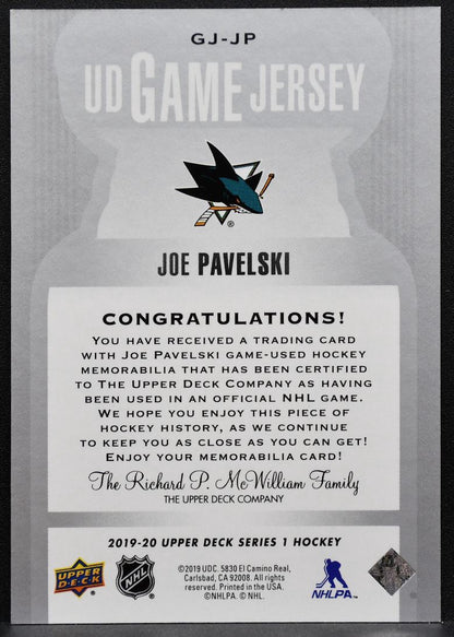 2019-20 Upper Deck Series 1 UD Game Jersey Joe Pavelski GJ-JP Sharks Jersey 4947