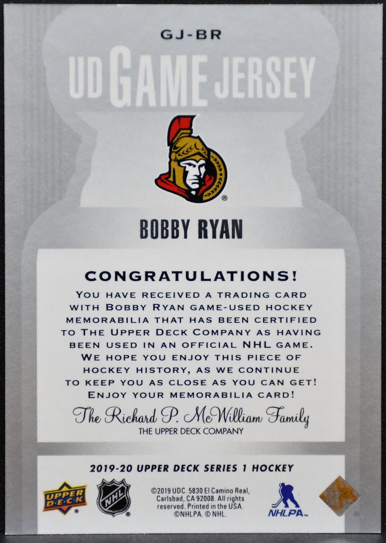 2019-20 Upper Deck Series 1 UD Game Jersey Bobby Ryan GJ-BR Senators Jersey 3260