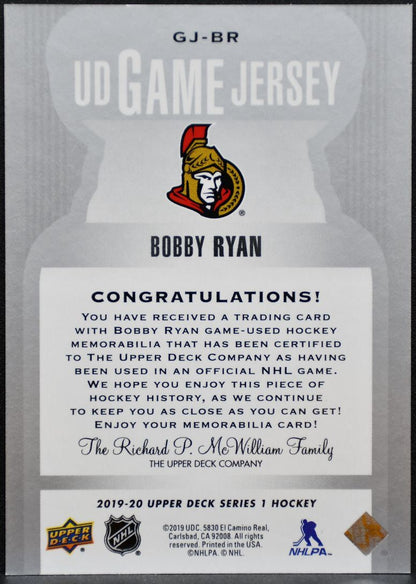 2019-20 Upper Deck Series 1 UD Game Jersey Bobby Ryan GJ-BR Senators Jersey 3260