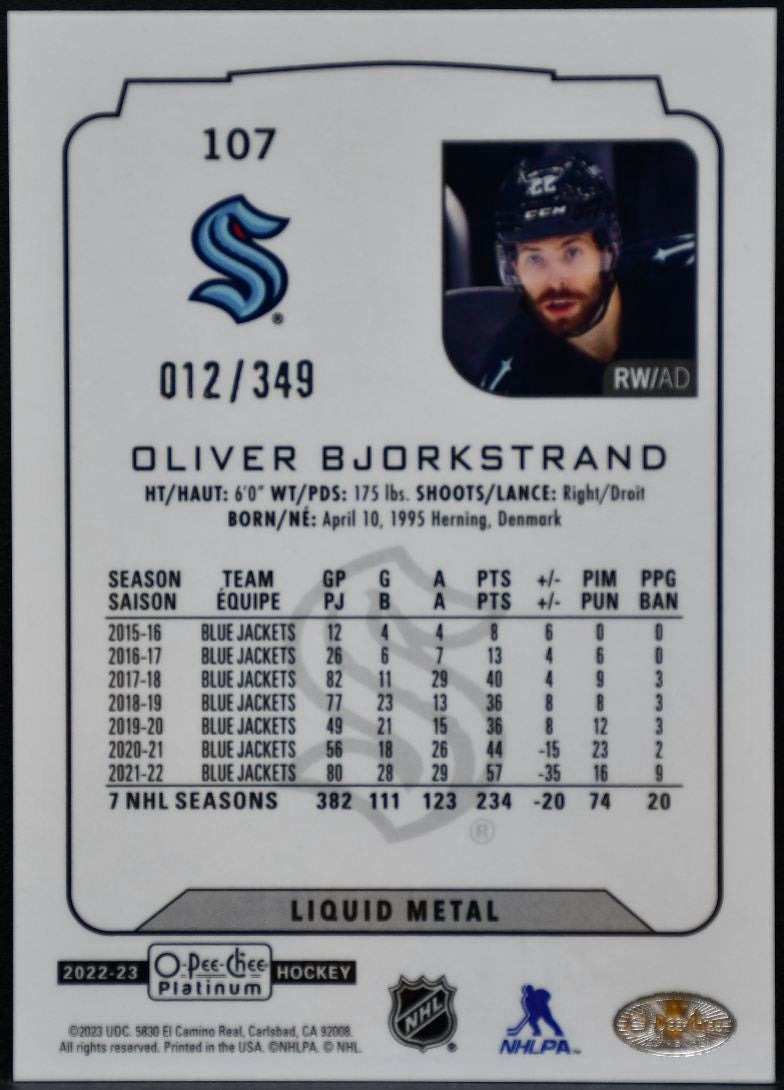 2022-23 O-Pee-Chee Platinum Liquid Metal Oliver Bjorkstrand 107 Kraken /349 8011